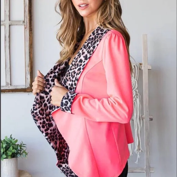 1X-3X Elle Pink Leopard Print Open Shawl Blazer-Host Pick - Picture 11 of 12